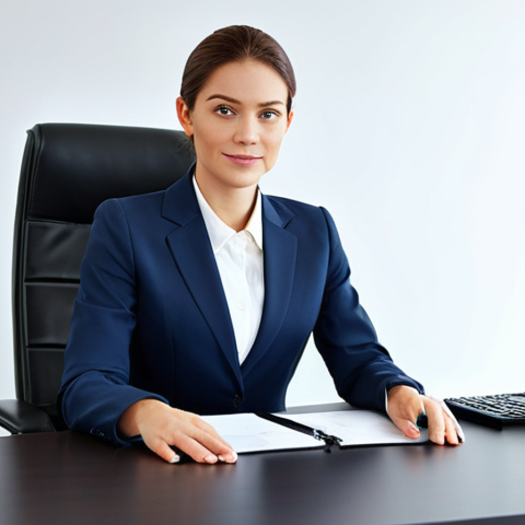 **

"A skilled businesswoman in a professional, modest business suit, sitting confidently at a modern desk in a bright office. She is fully clothed, appropriate attire, safe for work. Perfect anatomy, natural proportions, high-quality rendering, professional."

**