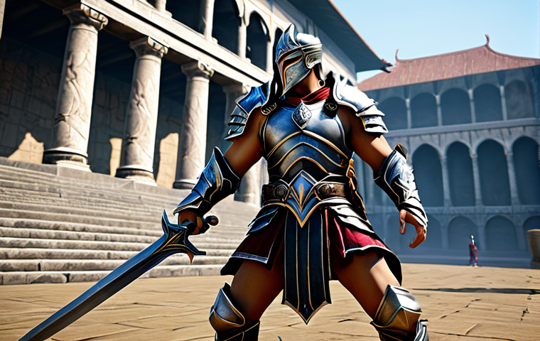 "A fully clothed Gladiator character in Aion, wearing modest armor, engaged in a PvP battle in Beluslan. Safe for work, appropriate content, perfect anatomy, action pose, high quality."