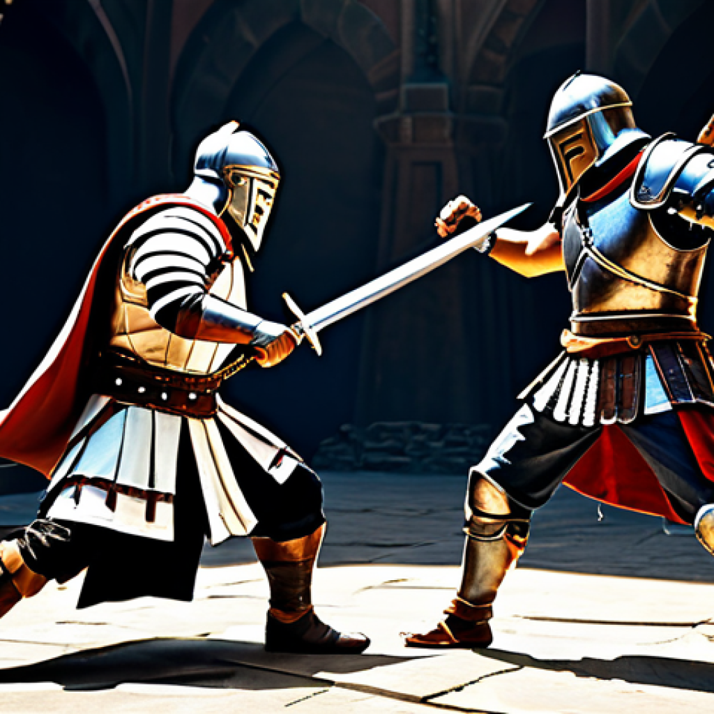 아이온 클래스별 PvP - "A fully clothed Gladiator, appropriate attire, in a dynamic action pose with a sword, facing a Temp...