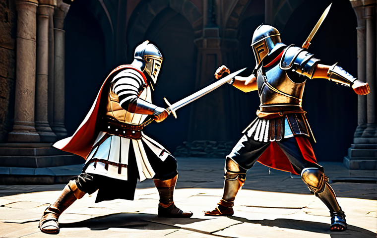 아이온 클래스별 PvP - "A fully clothed Gladiator, appropriate attire, in a dynamic action pose with a sword, facing a Temp...