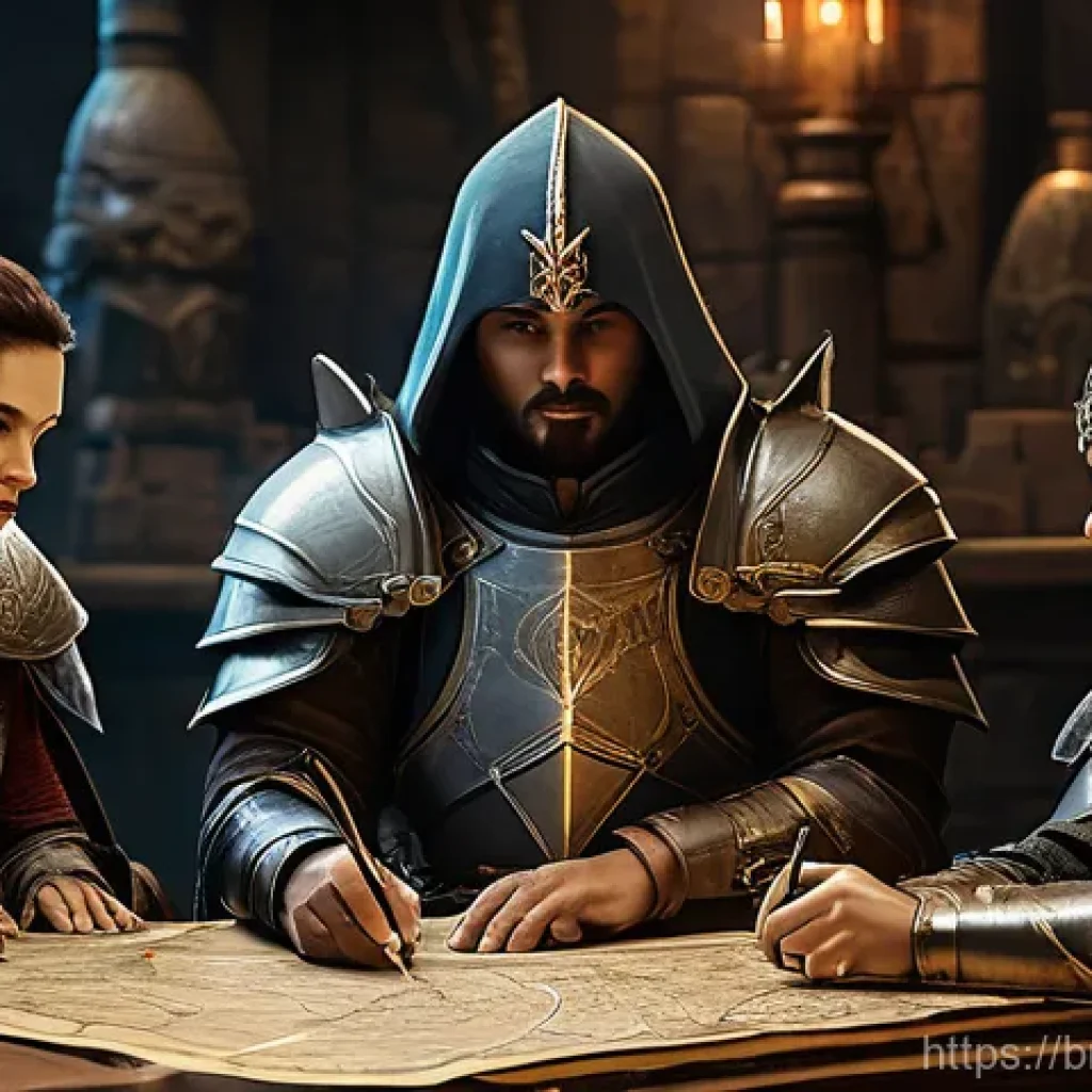 아이온 대형 보스 공략 - **Strategic Planning Session Before a Grand Boss Battle**
    A diverse group of five fantasy advent...