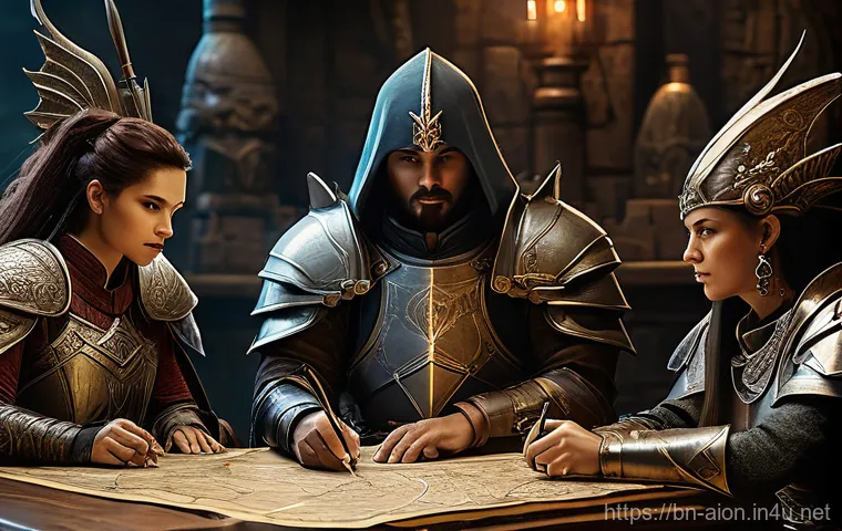 아이온 대형 보스 공략 - **Strategic Planning Session Before a Grand Boss Battle**
    A diverse group of five fantasy advent...