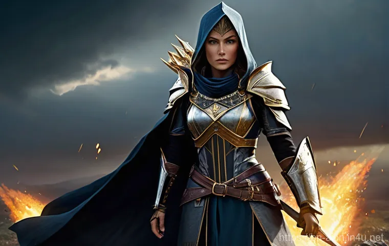 아이온 클래스별 특징 - **Prompt 1: The Indomitable Templar**
    A heroic female Templar stands firm on a crumbling, war-to...