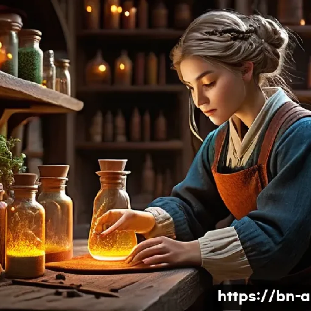 아이온 제작 아이템 판매 - **Aion-inspired Alchemist at Work:** A highly detailed, realistic portrayal of a skilled female Alch...