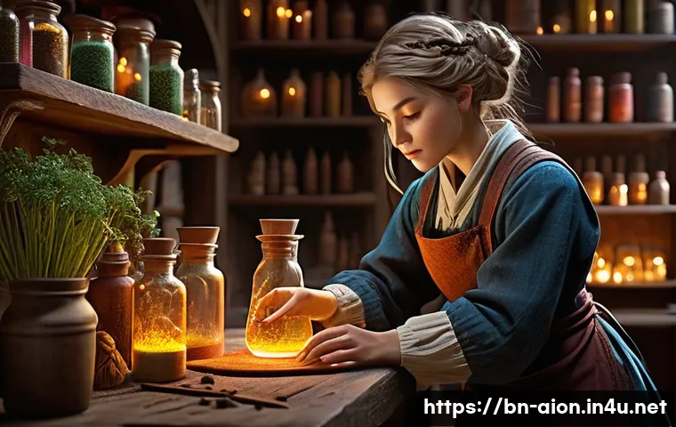 아이온 제작 아이템 판매 - **Aion-inspired Alchemist at Work:** A highly detailed, realistic portrayal of a skilled female Alch...