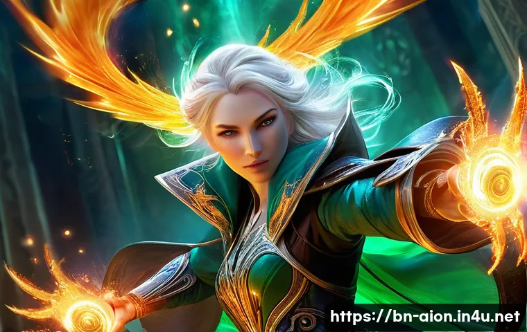 아이온 아바타 스킬 - **Aion Sorcerer Unleashing a Devastating Spell:**
    Generate an image of a female Aion Sorcerer in...