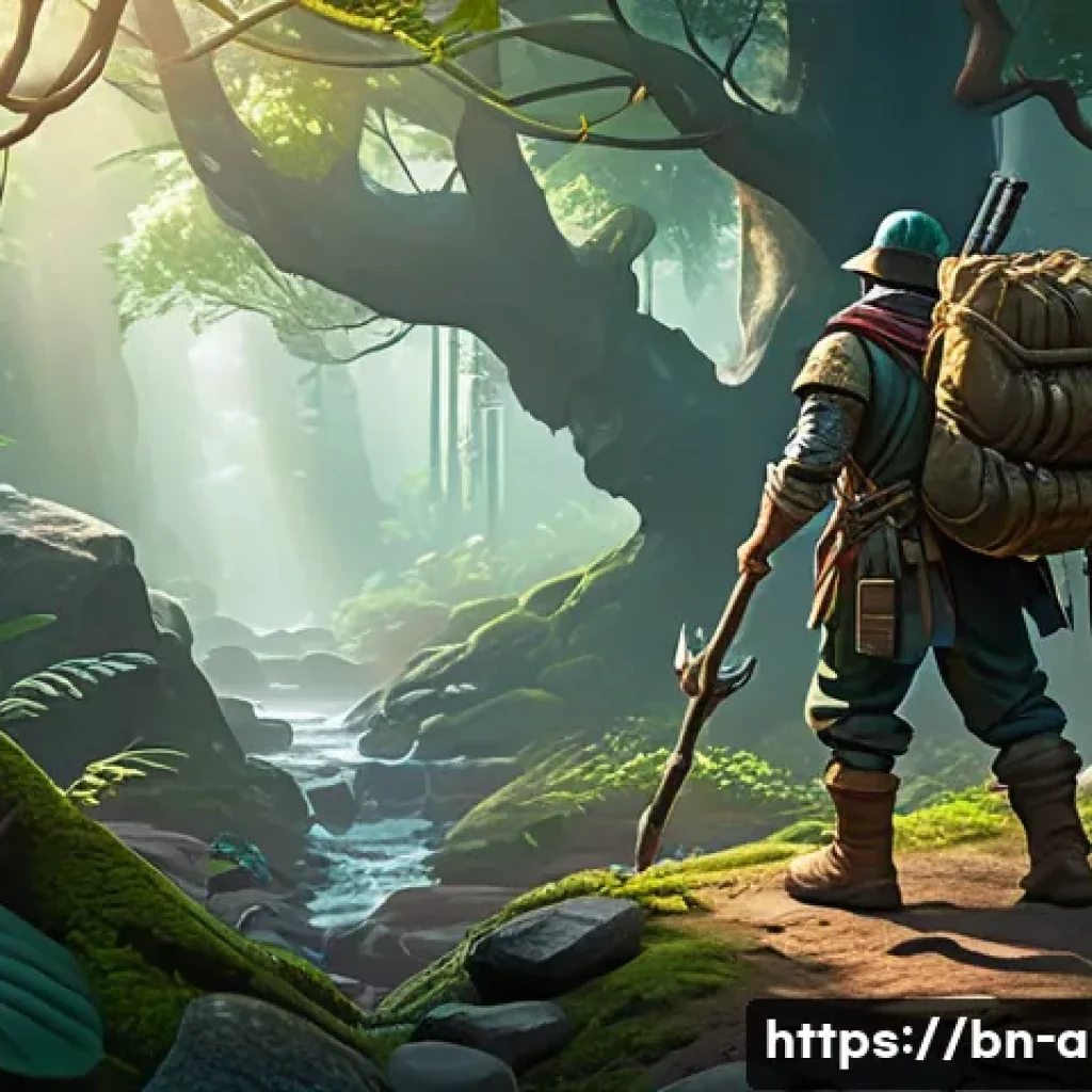 아이온 채집 레벨업 - A detailed fantasy game scene depicting a skilled player character gathering rare resources at dawn ...