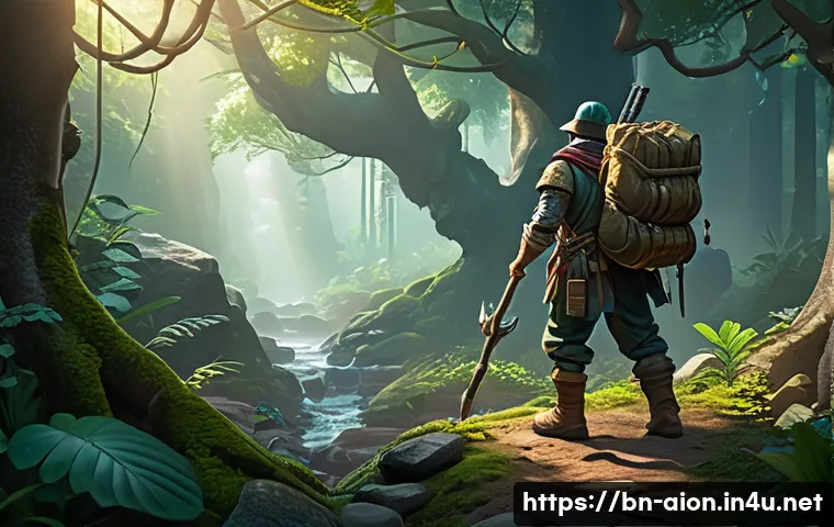 아이온 채집 레벨업 - A detailed fantasy game scene depicting a skilled player character gathering rare resources at dawn ...