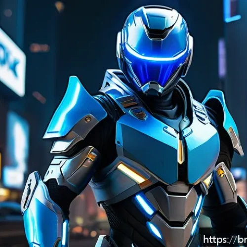 아이온 인기 스킨 목록 - A futuristic Ion character skin featuring bright blue and silver metallic finishes, sleek armor with...
