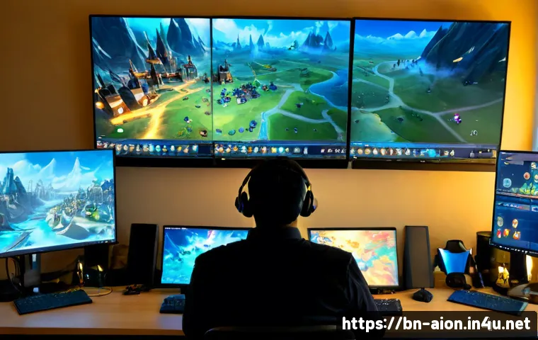 아이온 서버 이벤트 분석 - Photorealistic gaming analyst at a clean modern desk, studying a fantasy MMORPG server event on mult...